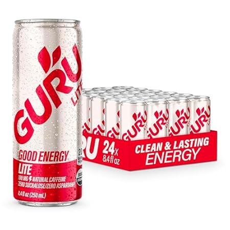 GURU Lite Organic Energy Drinks, Clean Energy Drink with Plant Based Natural Caffeine from Green Tea, Low Calorie, Gluten Free and Vegan, 100MG Caffeine, Healthy Drinks, 8.4oz (Pack of 24)