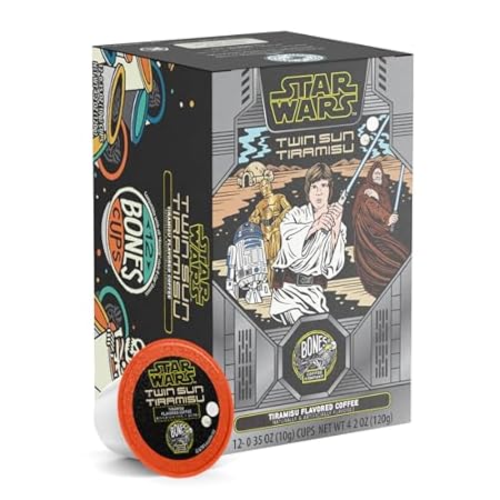 Bones Coffee Company Star Wars Twin Sun, Tiramisu Flavored Coffee Pods, Low Acid Medium Roast Single-Serve Bones Cups For 1.0 & 2.0 Capsule Brewers Coffee Maker, 12 Count