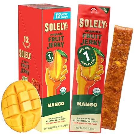 Solely - Organic Mango Fruit Jerky - 12 Individually Wrapped Fruit Strips - Fruit Leather Made from Dried Fruits - Healthy Snacks, Vegan - 0.8oz (23g)