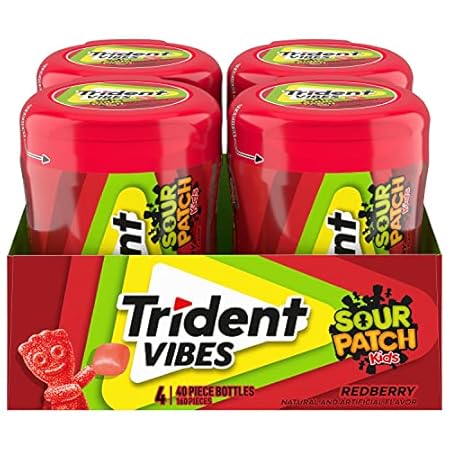 Trident Vibes SOUR PATCH KIDS Redberry Sugar-Free Chewing Gum, 4-40 Piece Bottles (160 Total Pieces)