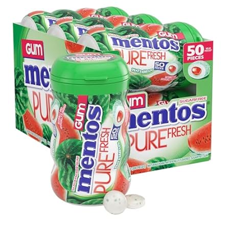 Mentos Pure Fresh Sugar-Free Chewing Gum with Xylitol, Watermelon, Bulk, 50 Piece Bottle (Pack of 6)