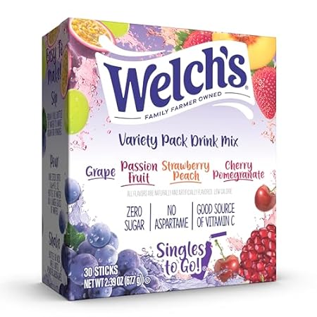 Welch's Singles To Go Variety Pack, Watertok Powdered Drink Mix, Includes 4 Flavors, Grape, Passion fruit, Strawberry Peach, Cherry Pomegranate, 1 Box (30 Servings)