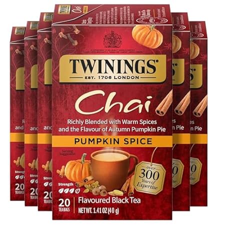 Twinings Pumpkin Spice Chai Black Tea Individually Wrapped Bags, 20 Count (Pack of 6), Warm, Spicy & Aromatic, Caffeinated, Enjoy Hot or Iced, 120 Teabags