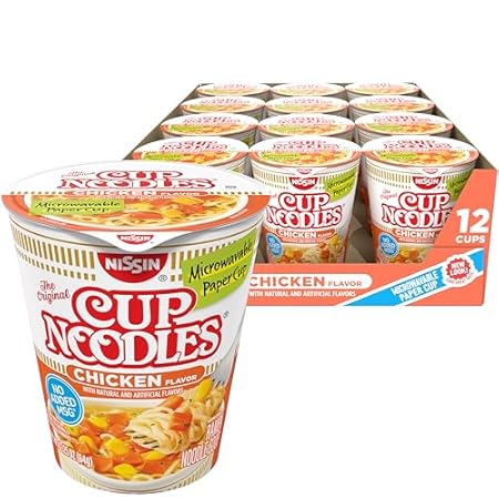 Nissin Cup Noodles Ramen Noodle Soup, Chicken, Microwaveable Paper Cup, 2.25 Ounce (Pack of 12)