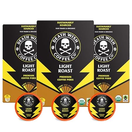 Death Wish Coffee, Organic and Fair Trade, Light Roast Coffee Pods (30 Count)