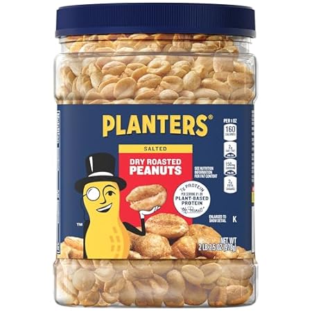 PLANTERS Dry Roasted Peanuts, 34.5 oz Resealable Plastic Jars (Pack of 6) - Peanuts with Sea Salt - Peanut Snacks - Shareable Snacks - Great School Snack or Work Snack - Kosher