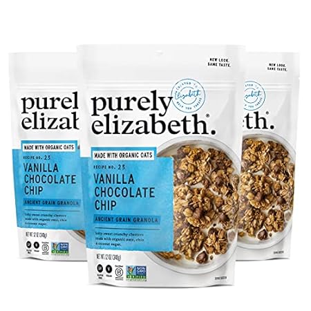 Purely Elizabeth Vanilla Chocolate Chip Granola, Made with Organic Oats and Ancient Grains, Gluten-Free, Non-GMO (3 Ct, 12oz Bags)