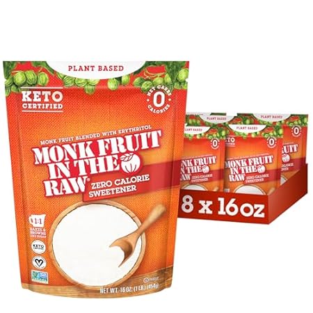 MONK FRUIT IN THE RAW, 16 oz Baker's Bag, Pack of 8, Natural Monk Fruit Sweetener w/ Erythritol, Sugar-Free