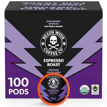 Death Wish Coffee - Single Serve Pods - Dark Roast Coffee Pods - Made with USDA Certified Organic - Extra Kick of Caffeine (100 Count (Pack of 1), Espresso Roast)