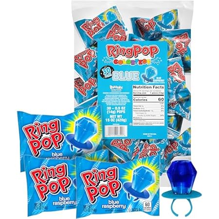Ring Pop Individually Wrapped Blue Halloween Candy, 30 Ct Bulk Lollipop Pack, Raspberry Flavored Lollipop Suckers for Kids, Fun Candy Bulk for Trick or Treat, Halloween Bowls, Gifts, Party Favors