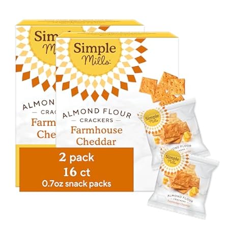 Simple Mills Almond Flour Crackers Snack Packs, Farmhouse Cheddar, Gluten Free, Flax Seed, Sunflower Seeds, Corn Free, Good for Snacks, 6.5 oz, Pack of 2 (8 Bags per Box)