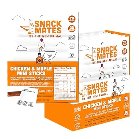 The New Primal Snack Mates Chicken & Maple Sticks, Gluten Free Healthy Snacks for Kids, Low Sugar High Protein Back to School Snacks, Mini Paleo Jerky Meat Stick, 7g Protein, 50 Calories, 40 Pack