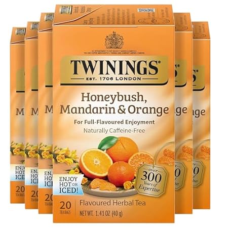 Twinings Honeybush, Mandarin, & Orange Herbal Tea Individually Wrapped Bags, 20 Count (Pack of 6), Naturally Caffeine-Free, Enjoy Hot or Iced, 120 Teabags