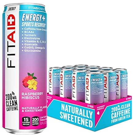 FITAID ENERGY, 200mg Natural Caffeine, Keto, Raspberry Hibiscus, Optimum Performance Formula: BCAAs, Quercetin, Electrolytes, Omega-3s, 15 calories, Paleo, Vegan & GlutenFree, 12 Fl Oz (Pack of 12)