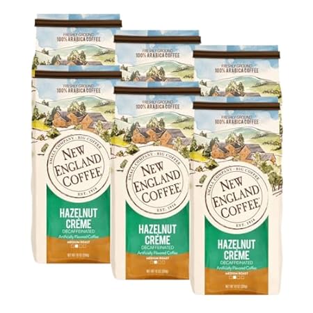 New England Coffee Hazelnut Crème Decaffeinated Medium Roast Ground Coffee, 10oz Bag (Pack of 6)
