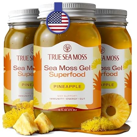 TrueSeaMoss Sea Moss Gel – Made in USA – Wildcrafted Seamoss, Fresh Fruits & Jarred Vegetables – Pineapple, Pack of 3 (Labels may Vary)