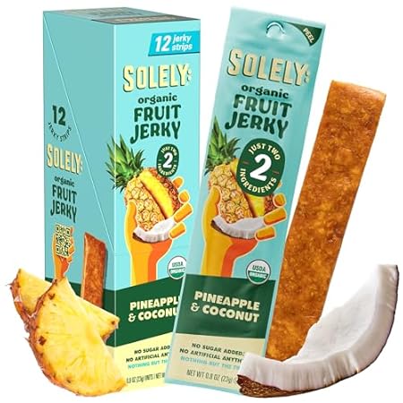 SOLELY - Organic Pineapple Coconut Fruit Jerky - 12 Individually Wrapped Strips - Fruit Leather Made from Dried Fruit - Healthy Snacks for Adults & Kids - Non GMO, Vegan Snacks - 0.8oz (23g)