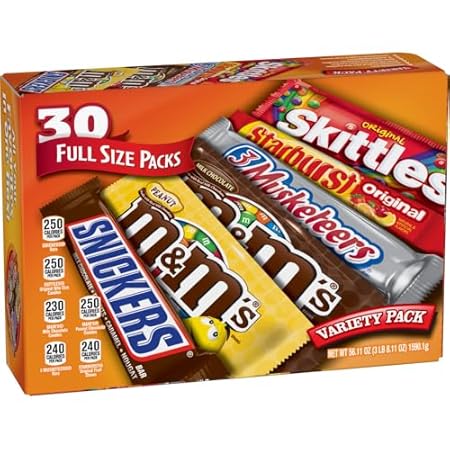 Mars M&M'S, SNICKERS, 3 MUSKETEERS, SKITTLES & STARBURST Variety Pack Full Size Bulk Candy Assortment, 56.11 oz, 30 Count