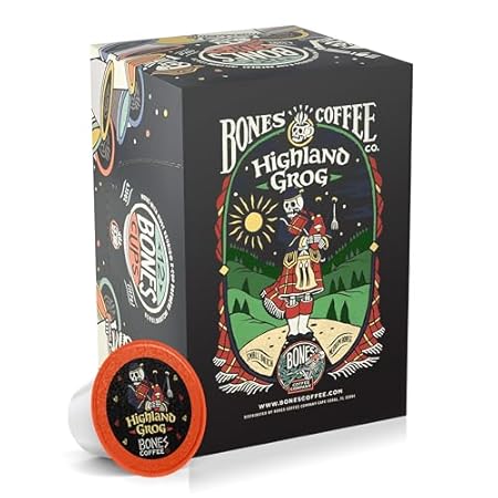 Bones Coffee Company Flavored Coffee Bones Cups Highland Grog Butterscotch Caramel | 12ct Single-Serve Coffee Pods Compatible with Keurig 1.0 & 2.0 Keurig Coffee Maker