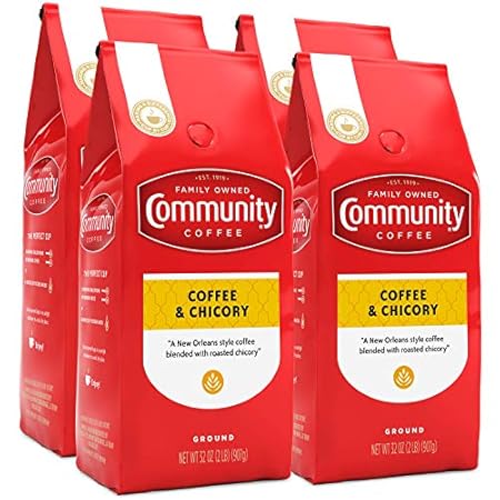 Community Coffee Coffee and Chicory Blend Coffee, Medium Dark Roast Ground Coffee, 32 Ounce Bag (Pack of 4)