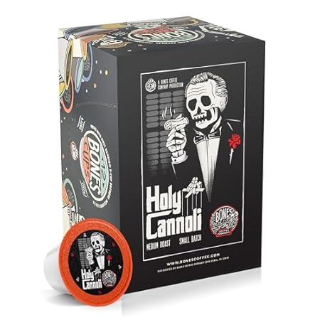 Bones Coffee Company Flavored Coffee Bones Cups Holy Cannoli Flavored Pods | 12ct Single-Serve Coffee Pods Compatible with Keurig 1.0 & 2.0 Keurig Coffee Maker