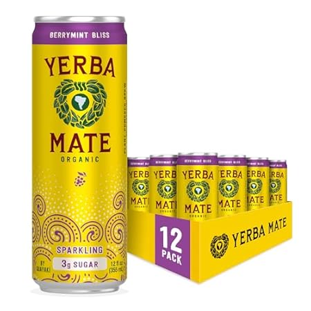 Yerba Madre Organic Sparkling Yerba Mate, Berrymint Bliss, Low Sugar, 80mg Natural Caffeine, Smooth Energy & Focus, Carbonated, 12 Oz (Pack of 12) (Packaging May Vary)