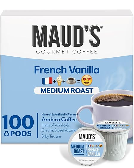 Maud's French Vanilla Coffee Pods, 100 ct, Medium Roast Coffee in Recyclable Single Serve Pods – 100% Arabica Coffee, Compatible with Keurig K Cups Maker