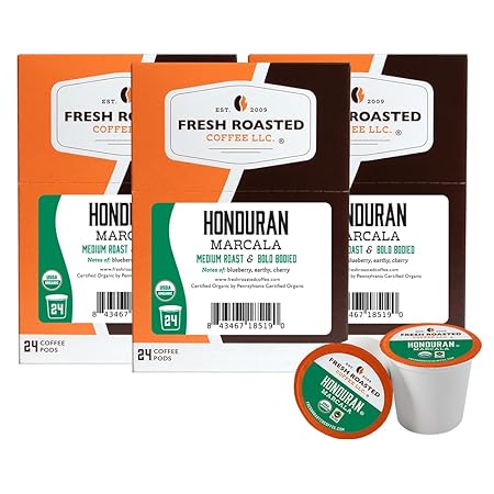 Fresh Roasted Coffee, Organic Honduran Marcala | USDA Organic, 100% Single Origin, Kosher | Medium Roast 72 Pods for K Cup Brewers