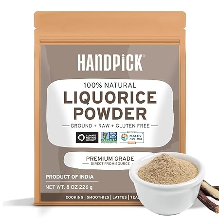 HANDPICK Licorice Root Powder (226g/8oz) Non GMO, Gluten Free, 100% Raw Ground Mulethi, Sourced from India, Glycyrrhiza Glabra, Packed in Resealable Ziplock Pouch