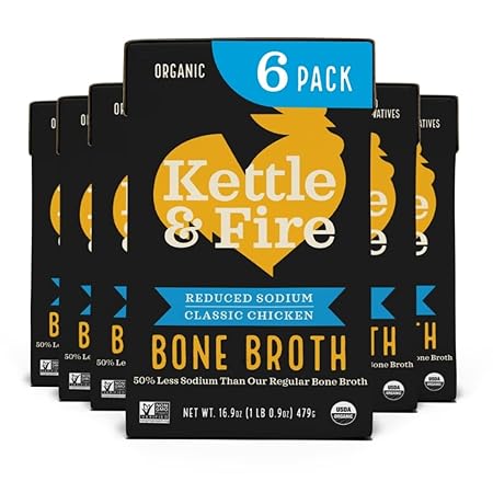 Kettle and Fire Reduce Sodium Chicken Organic Bone Broth, Keto, Paleo, Whole 30 Approved, Gluten Free, 17g of Protein, Natural Source of Collagen, Pack of 6