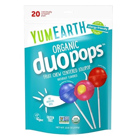 YumEarth Organic Duo Pops, Lollipops with Fruit Chew Centers - Allergy Friendly (Top 9 Free), No Artificial Dyes or Flavors, Non GMO, Gluten Free, Vegan Candy Snacks - 20 Individually Wrapped Pops