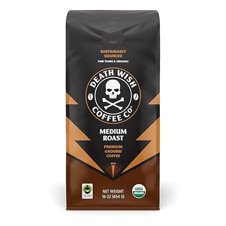 Death Wish Coffee, Organic and Fair Trade, Medium Roast, Whole Bean Coffee, 16 oz