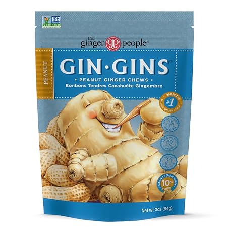 GIN GINS Peanut Ginger Chews – 100% Natural Candy by The Ginger People – Individually Wrapped Healthy Treats - Made with the Fresh Rhizome – Peanut Flavor – 3oz Bag – Pack of 12