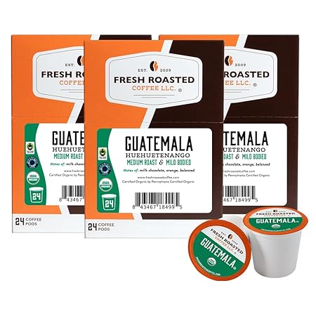 Fresh Roasted Coffee, Organic Guatemala | Single Origin, USDA Organic, Mold & Myco 3rd Party Tested, Kosher | 72 Pods for K Cup Brewers
