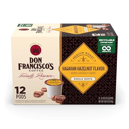 Don Francisco's Hawaiian Hazelnut Flavored Coffee - 12 K-Cup Compatible Single-Serve Pods - 100% Arabica with Coconut Hint - Recyclable through TerraCycle - Compatible with Keurig Brewers