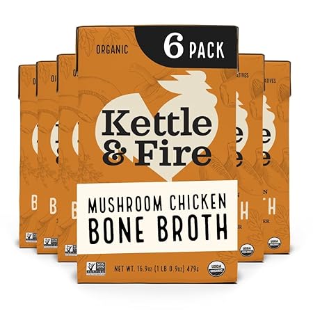 Kettle and Fire Mushroom Chicken Bone Broth, Keto, Paleo, Whole 30 Approved, Gluten Free, 19g of Protein, Natural Source of Collagen, Pack of 6