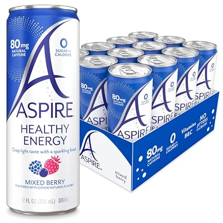 ASPIRE® Mixed Berry, Healthy Energy Drink 80mg Natural Caffeine, Zero Sugar No Carbs Keto Friendly, 12 Pack Green Tea Sugar Free Drink Low Caffeine Zero Calorie