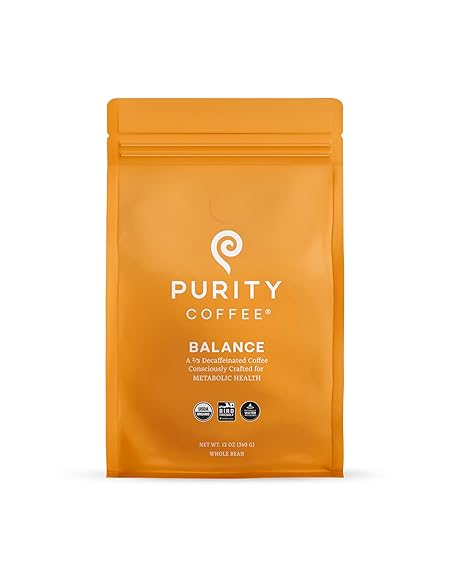 Purity Coffee BALANCE 2/3 Decaf Medium Roast Whole Bean Coffee (12oz Bag) - Specialty-Grade Mountain Water Processed Decaf + Regular Arabica Blend- USDA Certified Organic Decaffeinated - Third Party Tested for Mold, Mycotoxins, Pesticide Residue