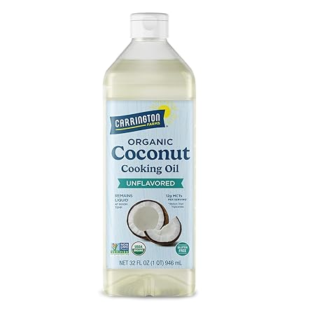 Carrington Farms Organic Liquid Coconut Cooking Oil, 32 Fl Oz –Unflavored, Unscented, High Smoke Point, MCT-Rich, No Trans Fat – For Cooking, Sautéing, Frying & Baking – Gluten Free, Non-GMO, Hexane Free, BPA Free Bottle