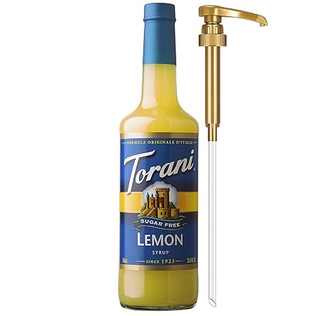 Torani Sugar Free Syrup, Lemon Flavoring for Drinks, Zero Calorie, Glass Bottle with Pump Included, 25.4 Fl Oz