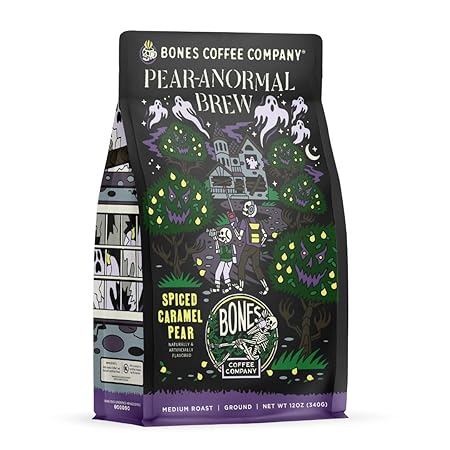 Bones Coffee Company Pear-Anormal, Caramel and Spiced Pear Flavored Coffee, Medium Roast Low Acid Arabica Beans Compatible with Auto drip and French Press Coffee Maker, 12 Oz Ground