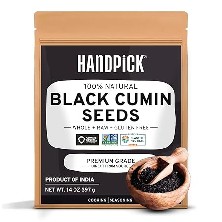 HANDPICK Black Cumin Seed (14oz) Pure Nigella Seeds - No Salt or Preservatives, Non GMO | Indian Black Whole Cumin | Gluten Free, Aromatic & Farm Fresh Kalonji | Resealable Zip Lock Pouch