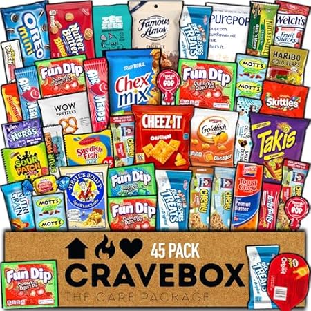 CRAVEBOX Snacks Box Variety Pack Care Package (45 Count) Halloween Treats Gift Basket Adults Kids Grandkids Guys Girls Women Men Boyfriend Birthday Cookies Chips College Student Office School