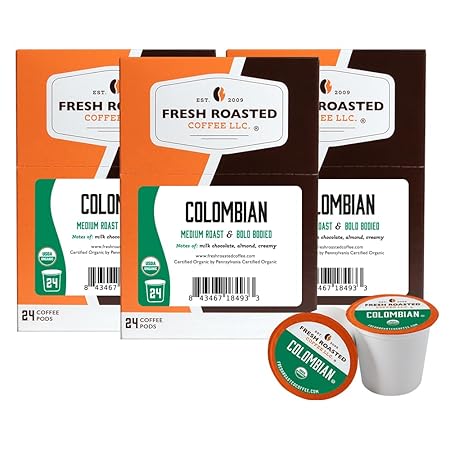 Fresh Roasted Coffee, Organic Colombian | USDA Organic, 100% Single Origin, Kosher | Medium Roast 72 Pods for K Cup Brewers