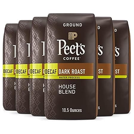 Peet's Coffee, Dark Roast Ground Coffee - Decaf House Blend 63 Ounces (6 Bags of 10.5 Ounces)