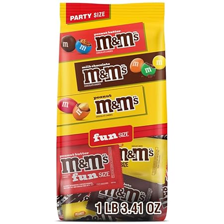 M&M'S Fun Size Assorted Chocolate Candy Variety Pack, Milk Chocolate, Peanut & Peanut Butter, Party Size Bulk Candy Bags for Halloween, Party Favors, Offices, and More, 19.41 Oz