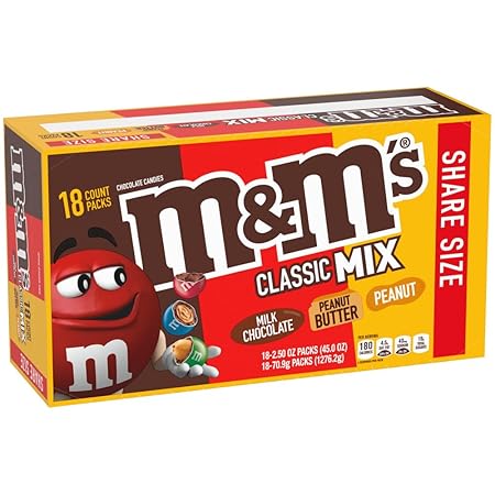 M&M'S Milk Chocolate Candy, Variety Pack, Milk Chocolate, Peanut, and Peanut Butter Full Size 2.5 oz Bag, Pack of 18 Bulk Candy