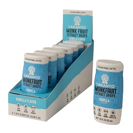 Lakanto Liquid Monk Fruit Extract Drops, Erythritol Free Sugar Substitute Sweetener For Tea, Coffee, Water & Smoothies, Low Calorie, Zero Sugar, Vegan, Keto, Vanilla Flavor (1.76 Fl Oz - Pack of 6)