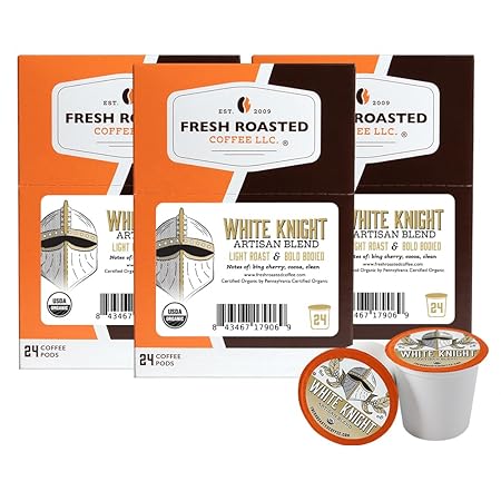 Fresh Roasted Coffee, Organic White Knight | USDA Organic, Kosher | Light Roast 72 Pods for K Cup Brewers