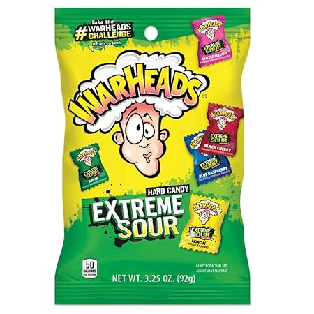 WARHEADS - Extreme Sour Hard Candy - Sour Apple, Black Cherry, Blue Raspberry, Lemon & Watermelon Flavors - 3.25 oz. Bag
